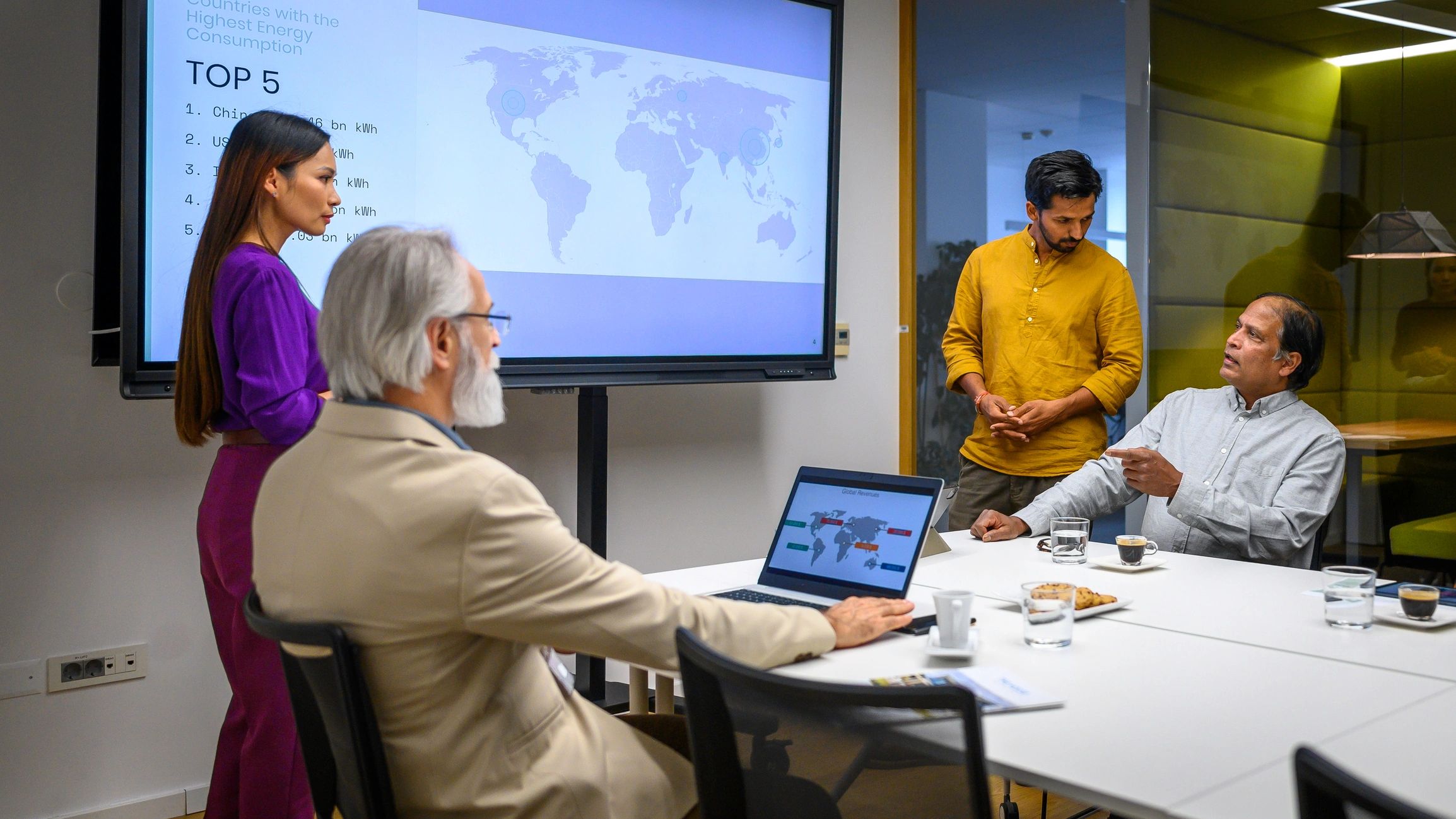 Business people presenting to investors in a meeting room